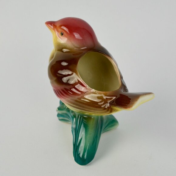 Vintage Royal Copley Kinglet Bird On a Branch Planter Red Beige Yellow Green - Picture 3 of 11